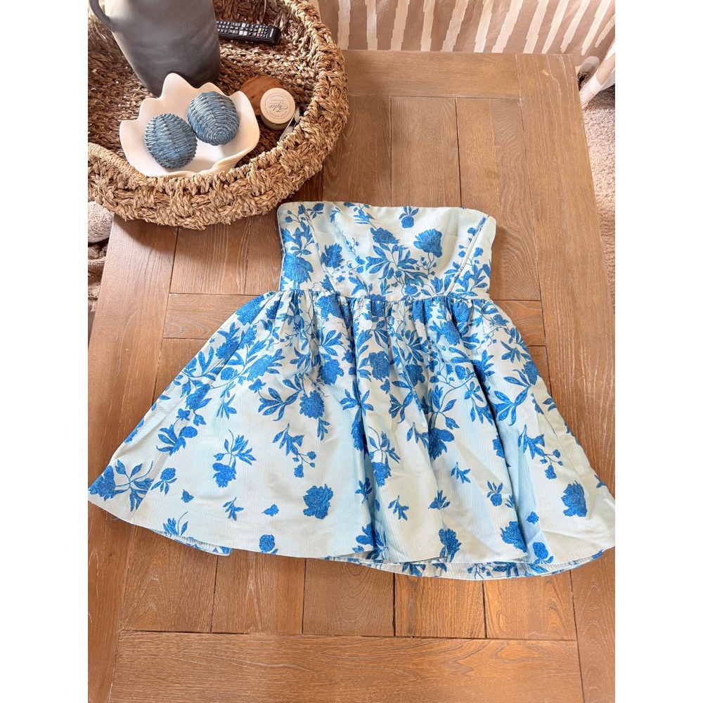 ML Monique Lhuillier Strapless Floral Jacquard Mini Dress Womens Blue Size 12
